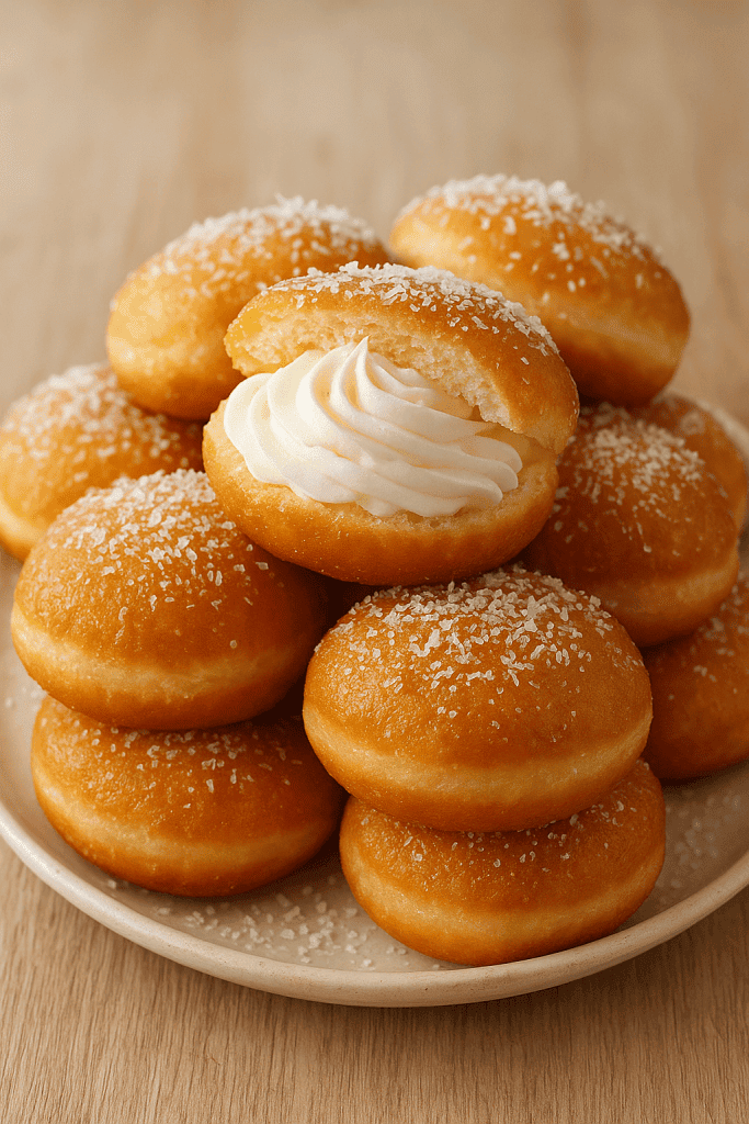 Cream donuts recipe showing golden donuts filled with swirls of cream, sliced and topped with sugar, arranged on a ceramic plate for a bakery-style presentation.