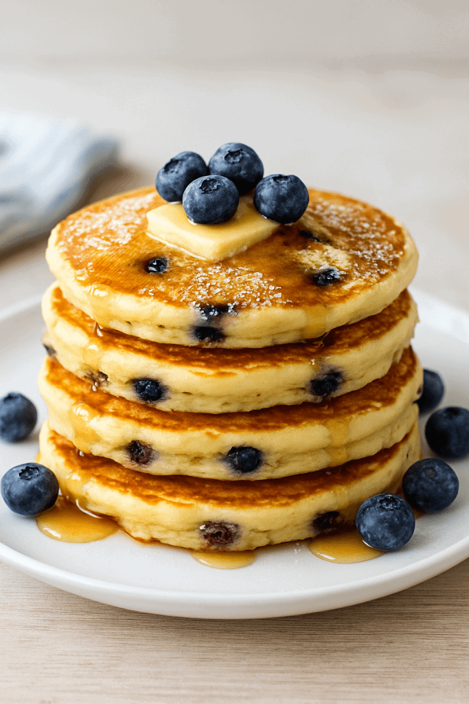 Fluffy Blueberry Pancakes stacked high, topped with fresh blueberries, melting butter, and maple syrup for the perfect breakfast treat.