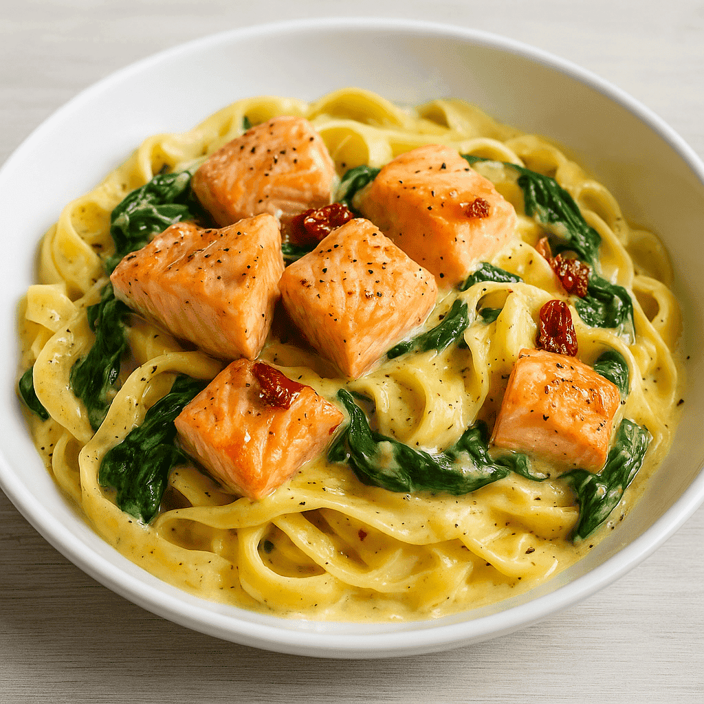 Creamy salmon pasta with spinach, sun-dried tomatoes, and tagliatelle in a rich garlic sauce.
