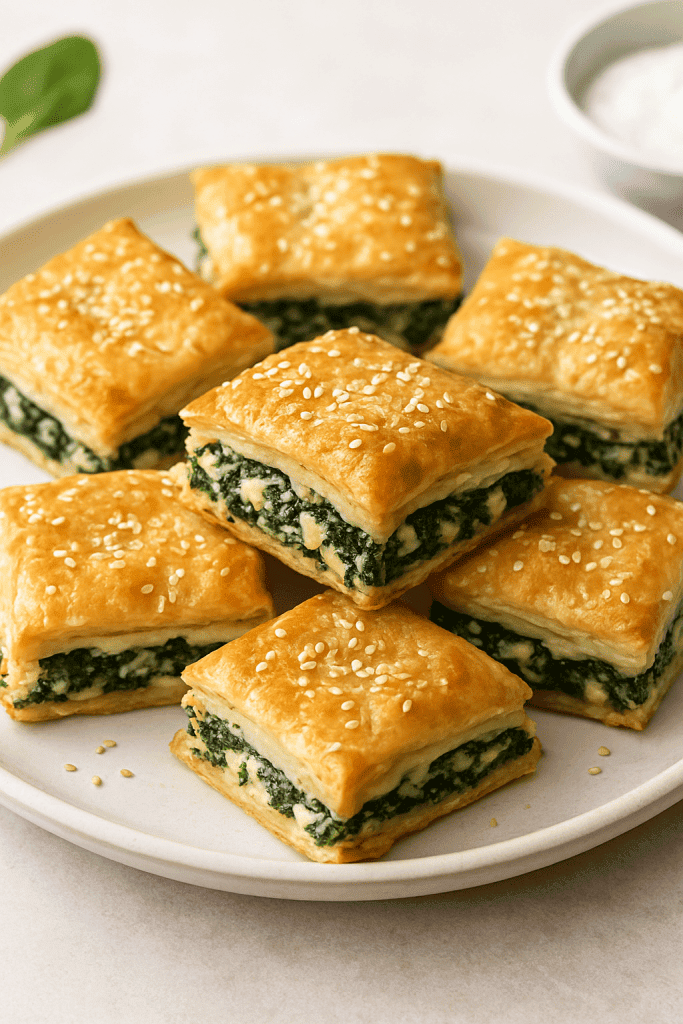 Spinach and Cheese Puff Pastry Squares – golden flaky pastry filled with creamy spinach and cheese, served as a delicious appetizer or snack.