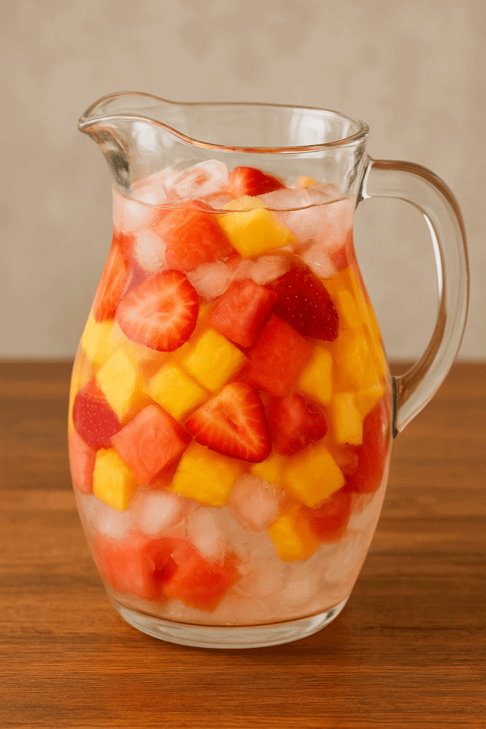 A refreshing glass pitcher of Agua de Frutas La Michoacana, filled with colorful diced fruits like watermelon, pineapple, and strawberries, mixed with chilled water, lime, and mint leaves, served as a vibrant Mexican summer drink.