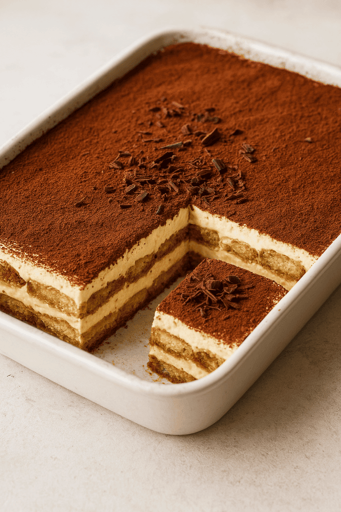 Classic Italian tiramisu recipe in a white ceramic dish, showing the full dessert dusted with cocoa powder and a sliced piece revealing creamy mascarpone layers and coffee-soaked ladyfingers.
