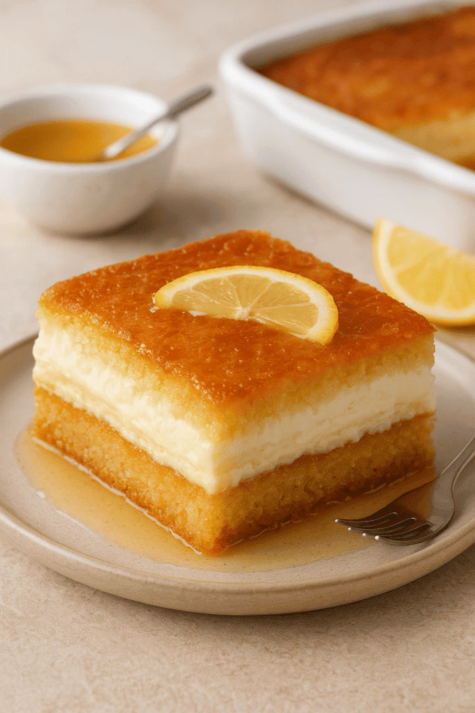 Creamy Layered Basbousa with golden semolina cake, rich cream filling, and a glossy syrup topping, served as a slice to showcase the soft and melt-in-your-mouth texture of this delicious Middle Eastern dessert.