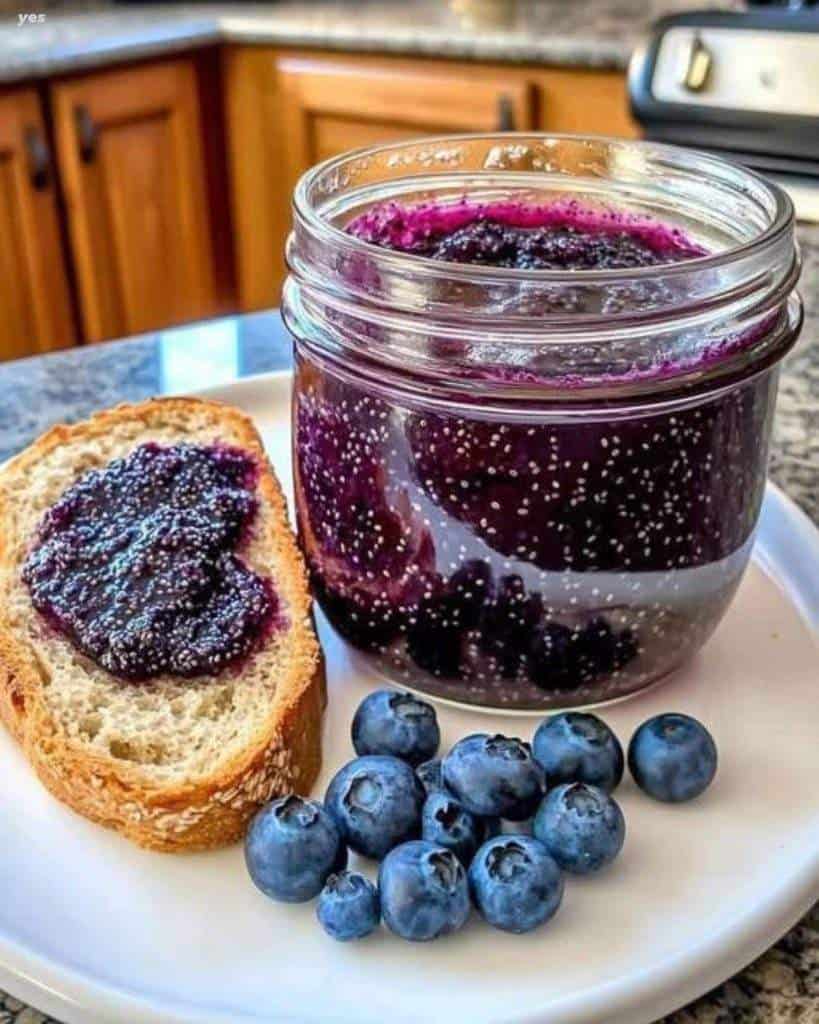Homemade blueberry chia seed jam in a glass jar, thick, fresh, and naturally sweetened with a vibrant purple color