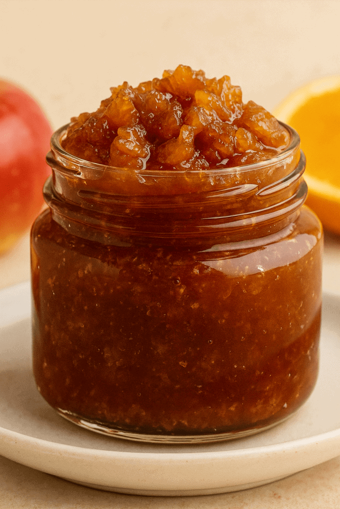 Spiced Holiday Fruit Jam in a glass jar, golden and thick, made with apples, figs, cranberries, cinnamon, nutmeg, and cloves, perfect for toast, cheese boards, or holiday gifts.