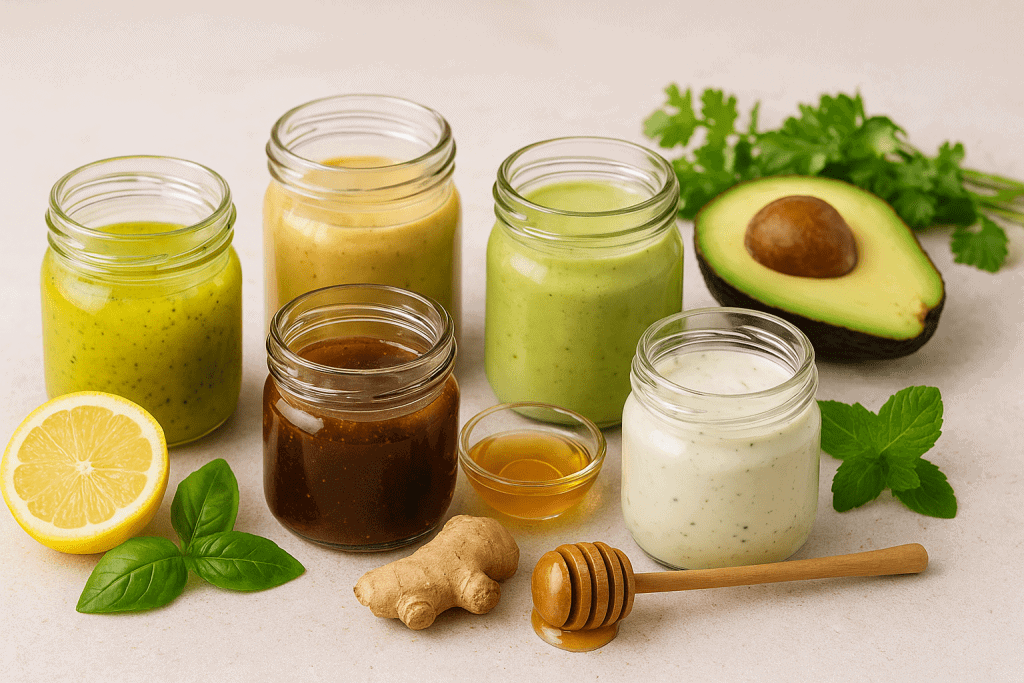 Homemade dressings in glass jars – lemon basil, honey mustard, ginger soy, avocado lemon, and mint yogurt, fresh and healthy.